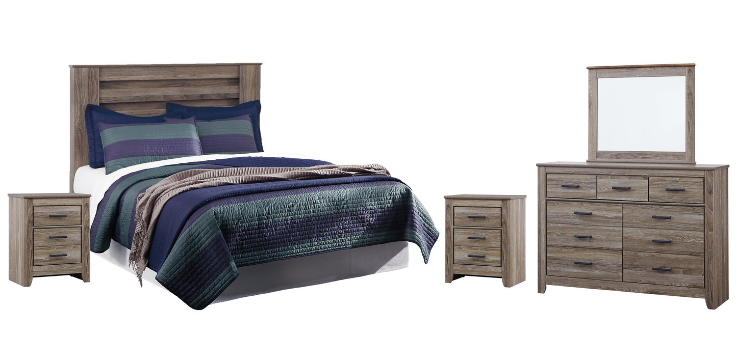 Zelen Queen/Full Panel Headboard with Mirrored Dresser and 2 Nightstands