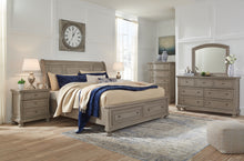 Load image into Gallery viewer, Lettner King Sleigh Bed with 2 Storage Drawers with Mirrored Dresser and Chest
